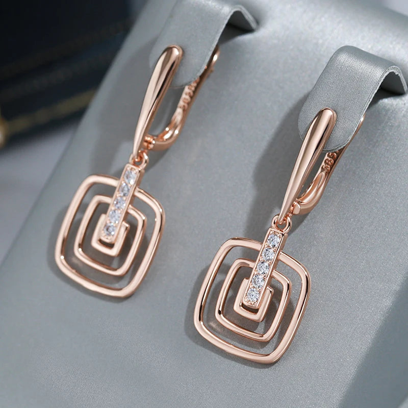 Hollow Square White Zircon 585 Rose Gold Earrings