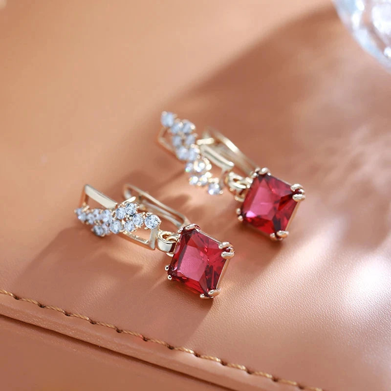 Square Red Zircon 585 Rose Gold Dangle Earrings