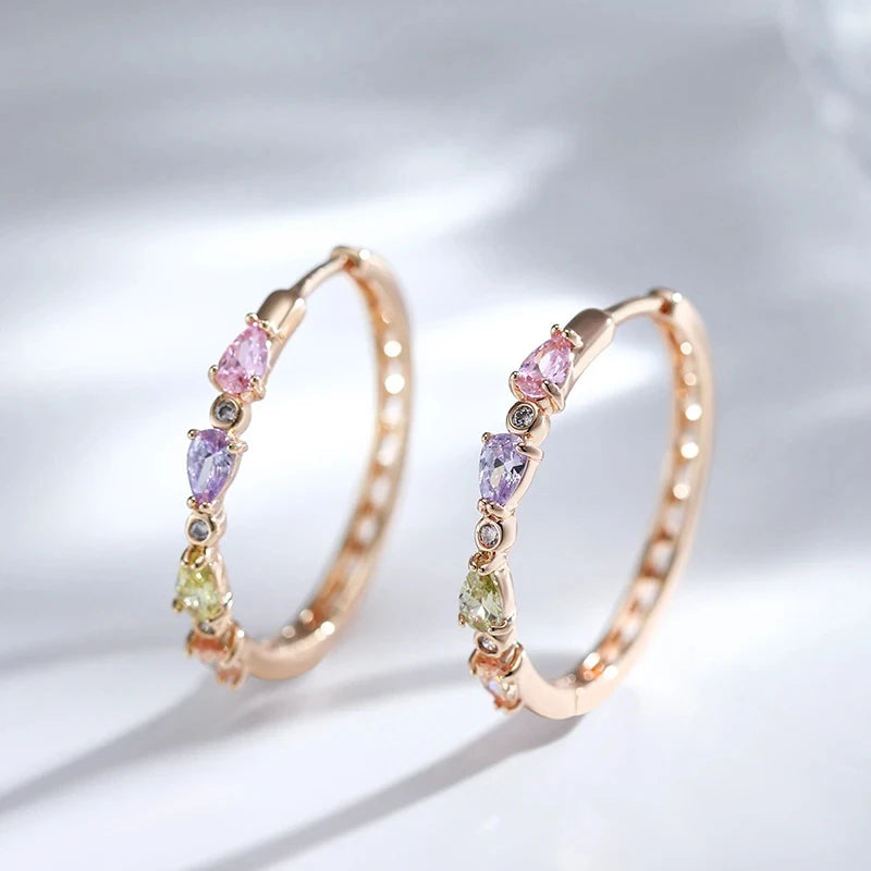 Colorful Natural Zircon 585 Rose Gold Hoop Earrings