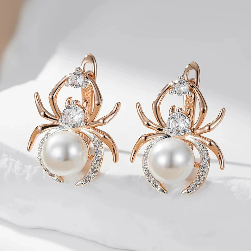 Spider Shape Pearl 585 Rose Gold Earrings