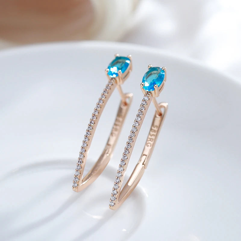 V Shape Blue Zircon 585 Rose Gold Earrings