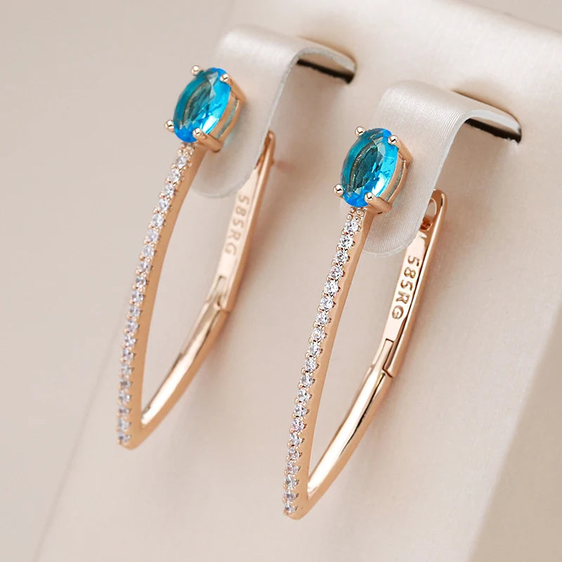 V Shape Blue Zircon 585 Rose Gold Earrings