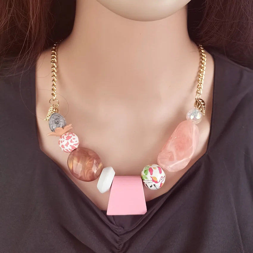 Baby Pink Geometric Wooden Bib Necklace