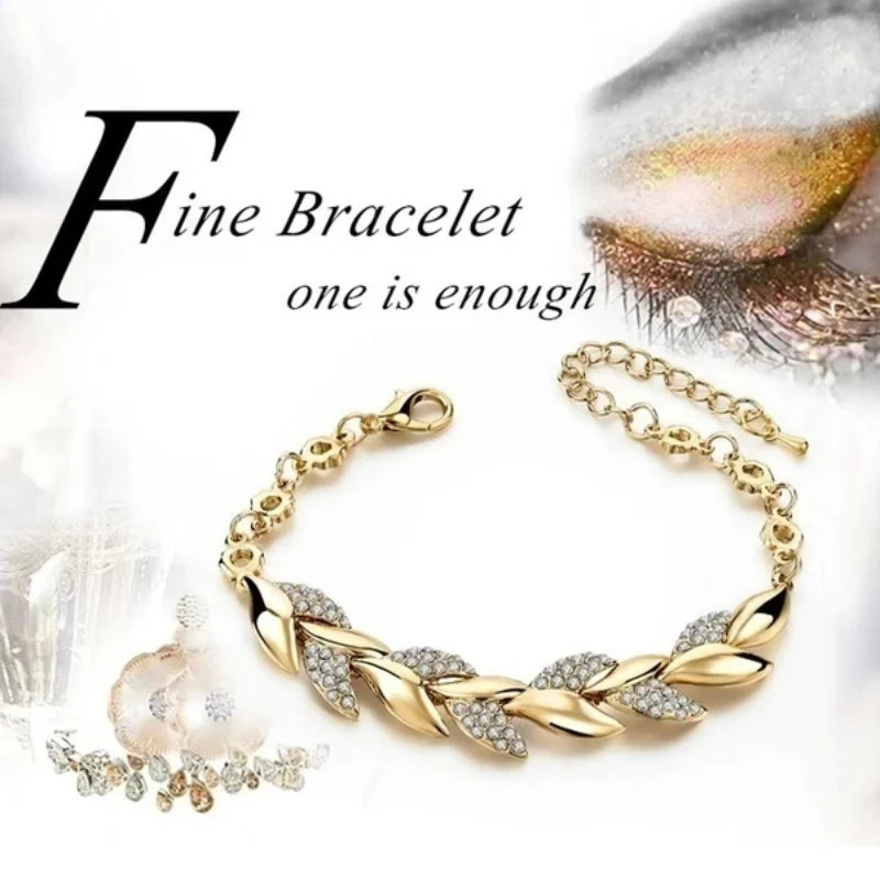 Inlaid Crystal Golden Leaf Bracelet