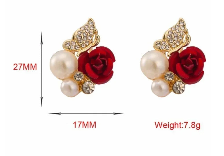 Red Rose Butterfly Pearl Earrings