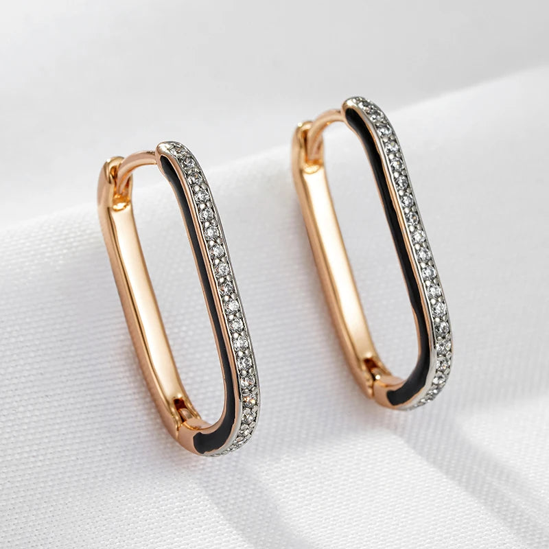 Black Enamel Zircon 585 Rose Gold Hoop Earrings