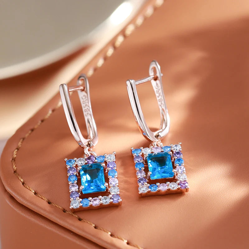 Square Blue Zircon 585 Rose Gold Earrings