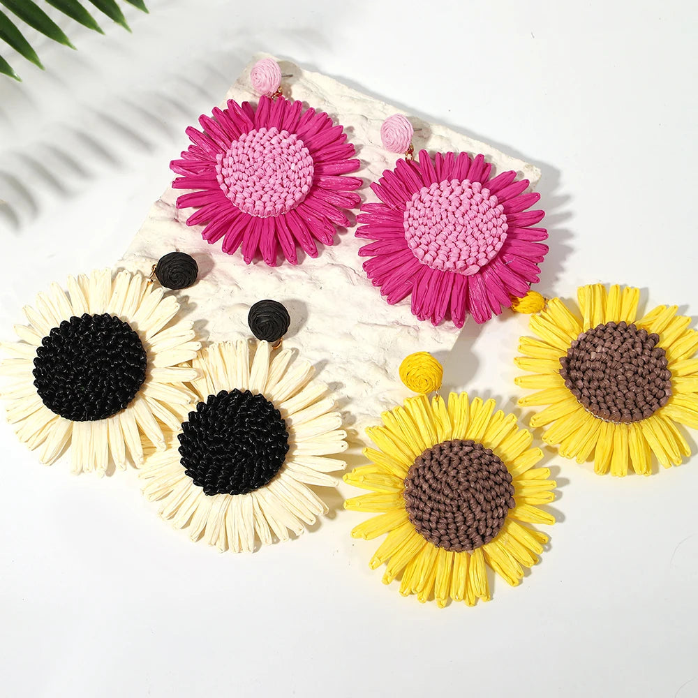 Large Woven Raffia Flower Earrings