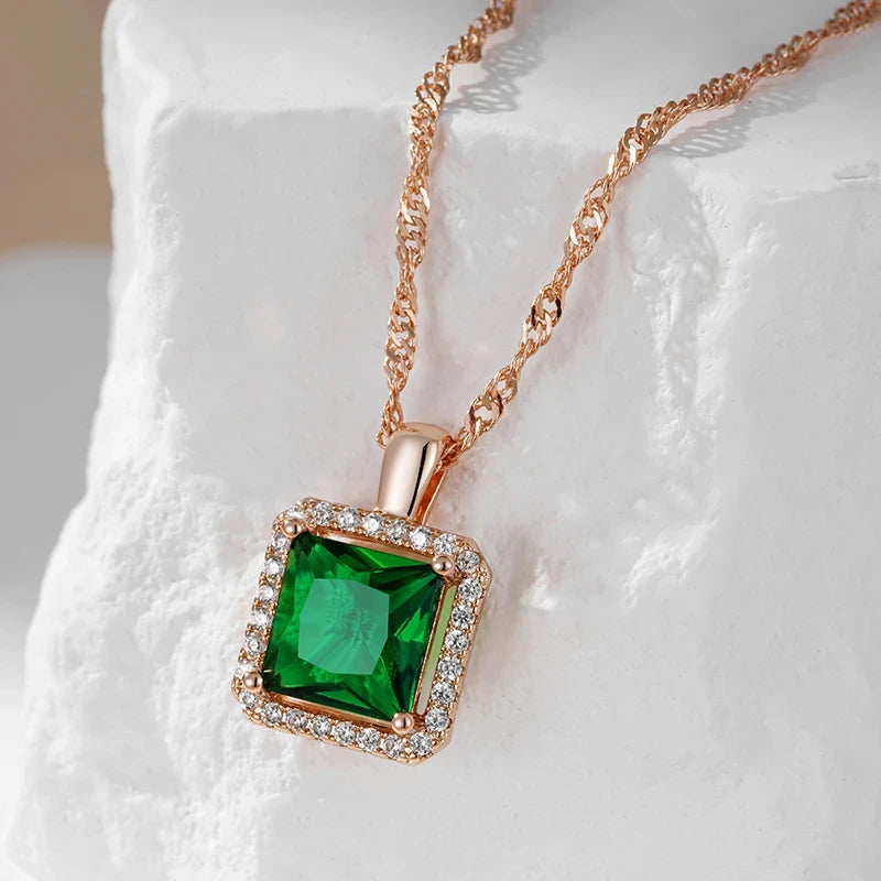 Square Green Stone 585 Rose Gold Necklace