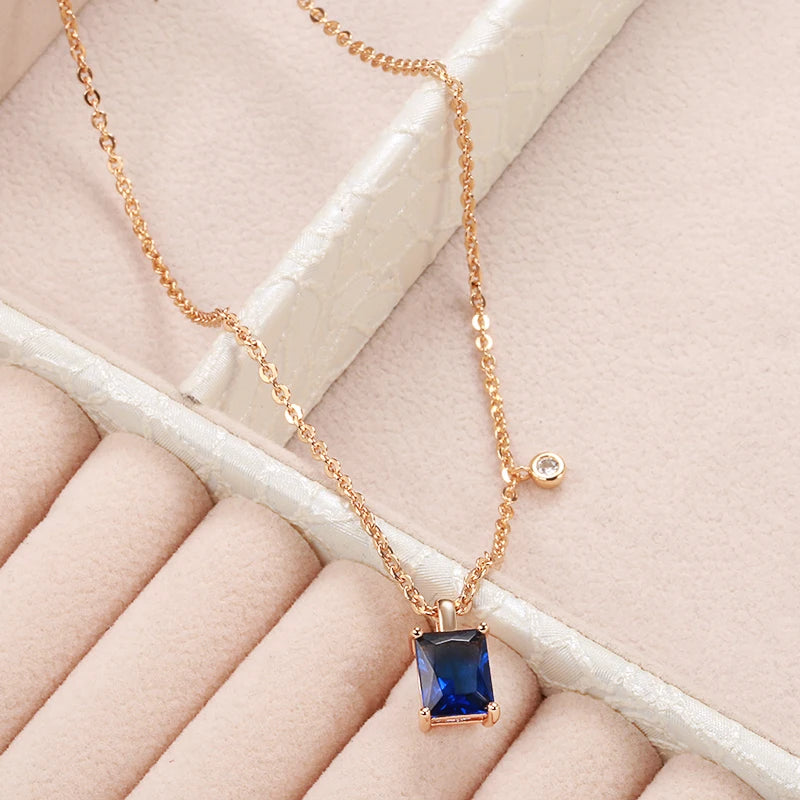 Square Blue Zircon 585 Rose Gold Necklace