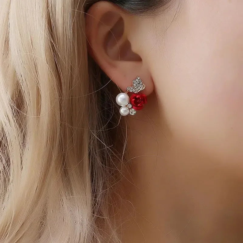 Red Rose Butterfly Pearl Earrings