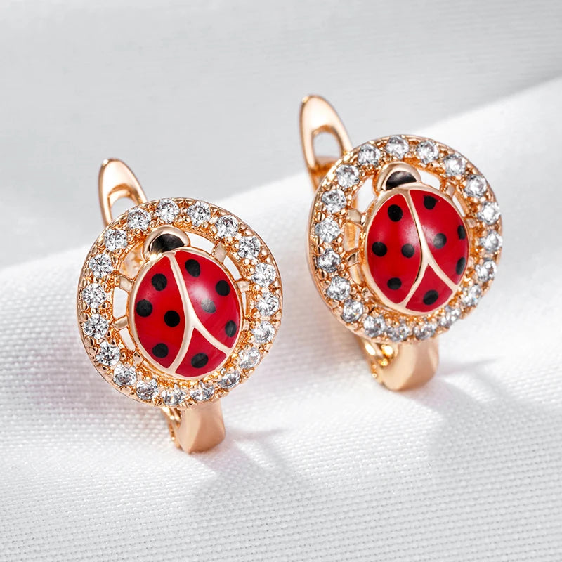 Cute Ladybug 585 Rose Gold Zircon Earrings