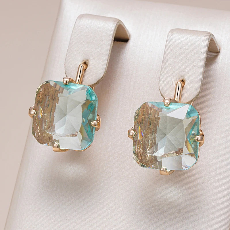 Big Square Green Zircon 585 Rose Gold Earrings