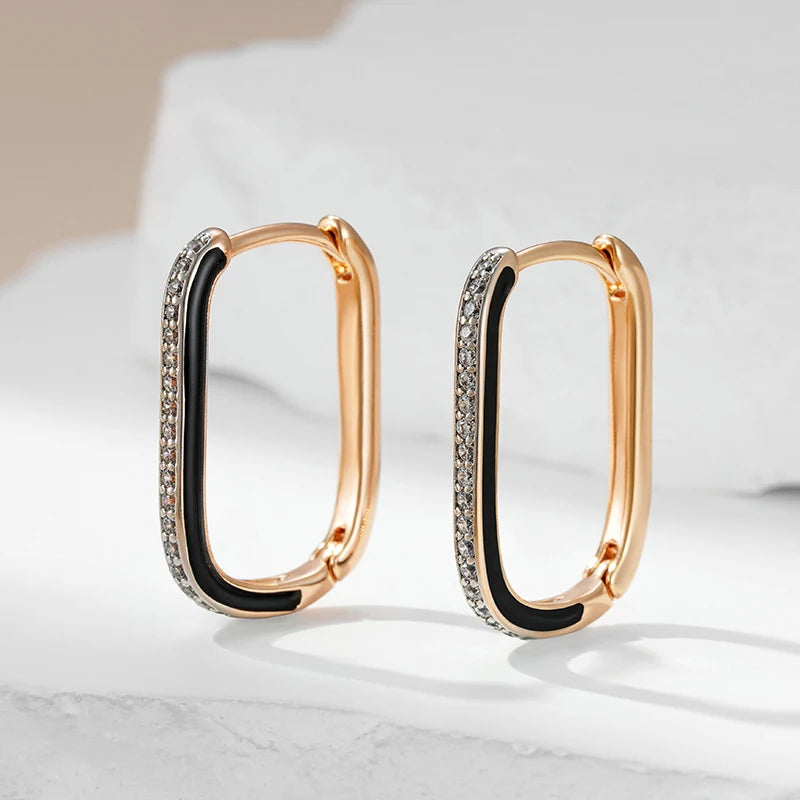 Black Enamel Zircon 585 Rose Gold Hoop Earrings