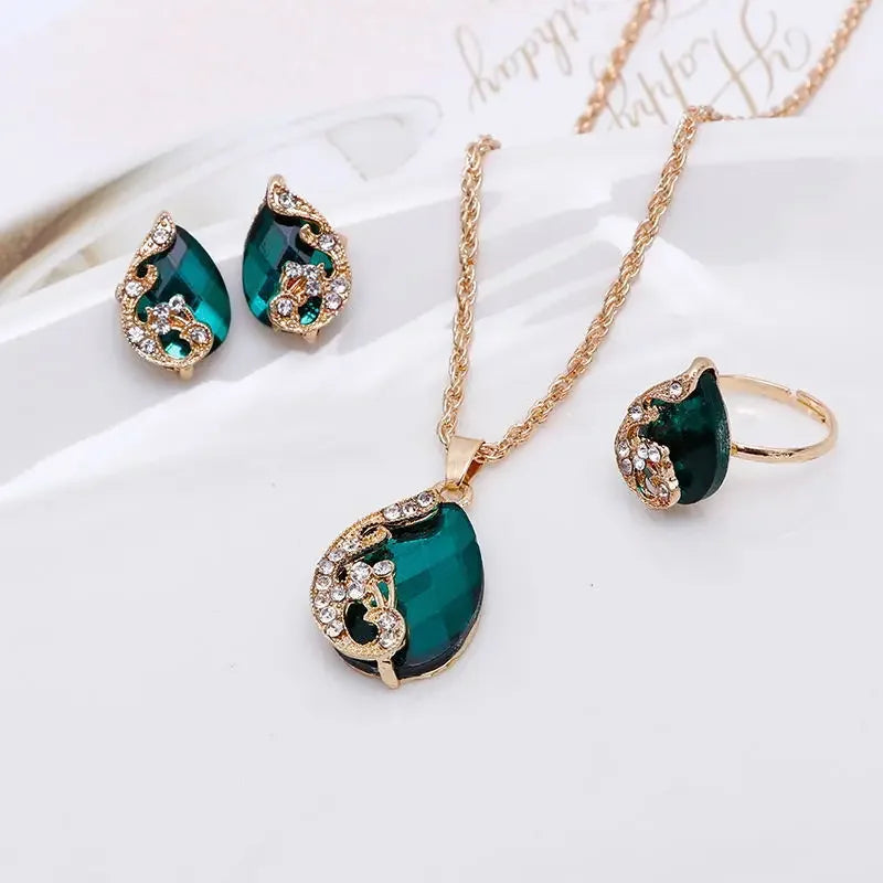 Water Droplet Peacock Jewelry Set