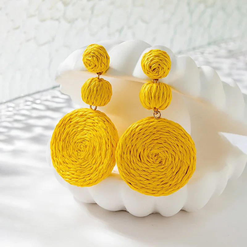 Boho Yellow Raffia Drop Earrings