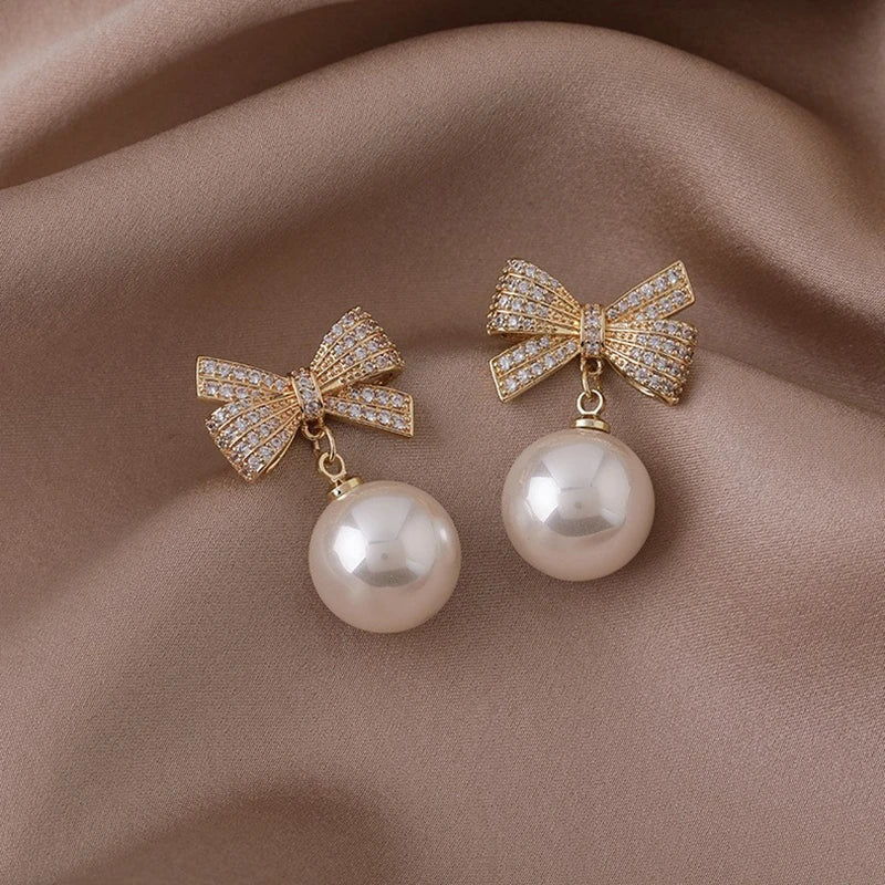 Zircon Bowknot Pearl Pendant Earrings