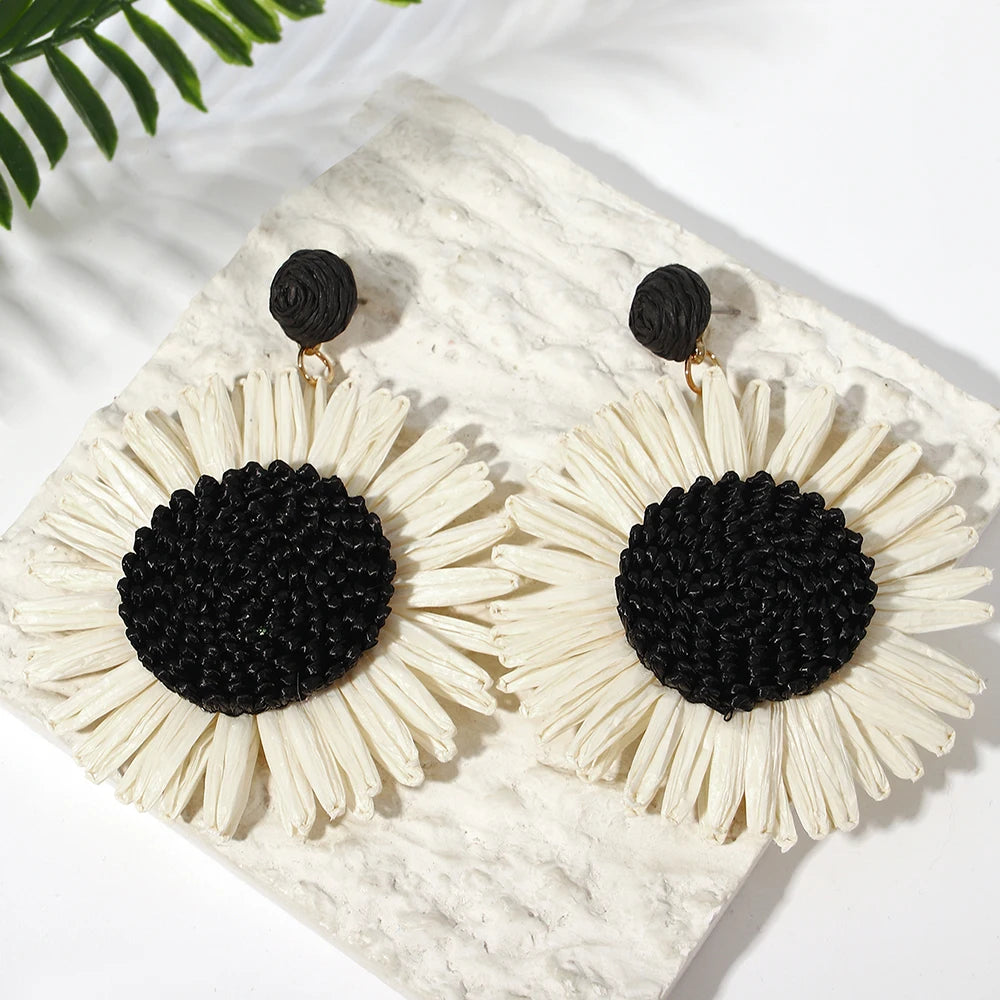 Large Woven Raffia Flower Earrings