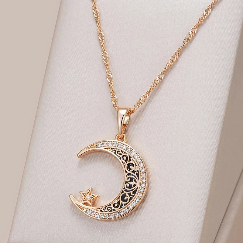 Black Enamel Moon Star 585 Rose Gold Necklace