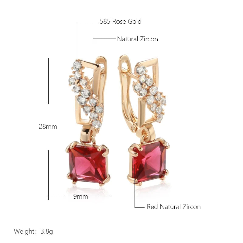 Square Red Zircon 585 Rose Gold Dangle Earrings