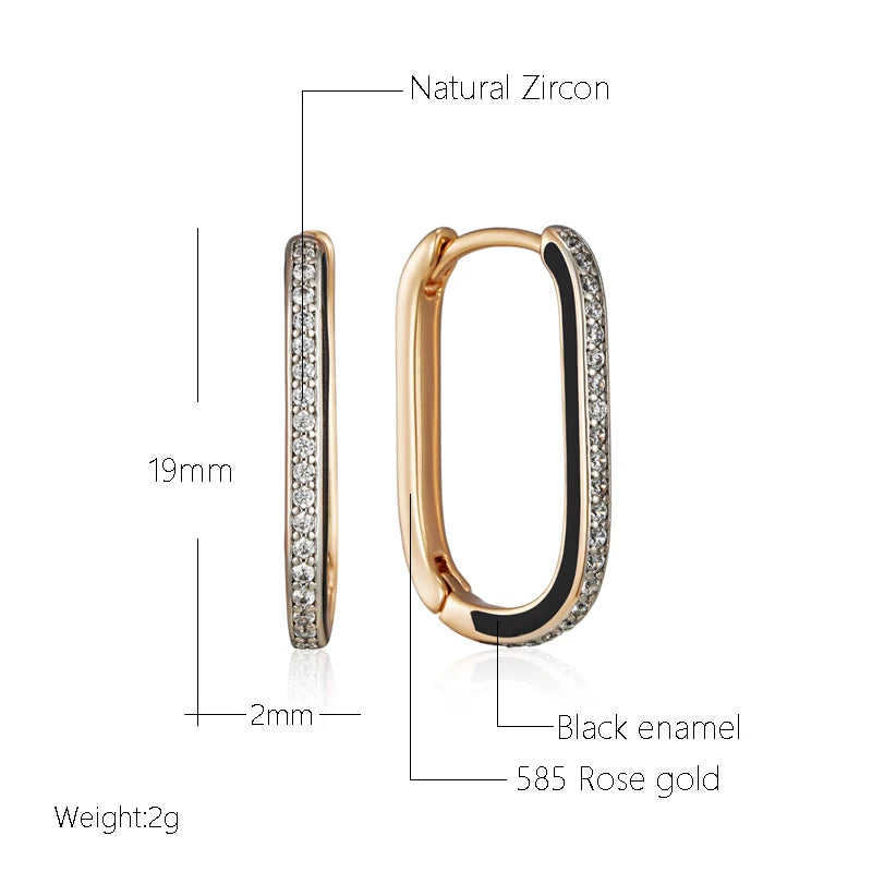 Black Enamel Zircon 585 Rose Gold Hoop Earrings