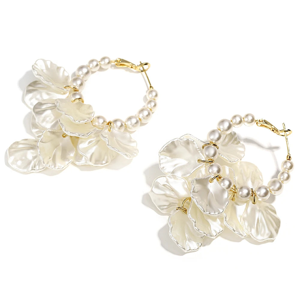 White Flower Pearl Hoop Earrings