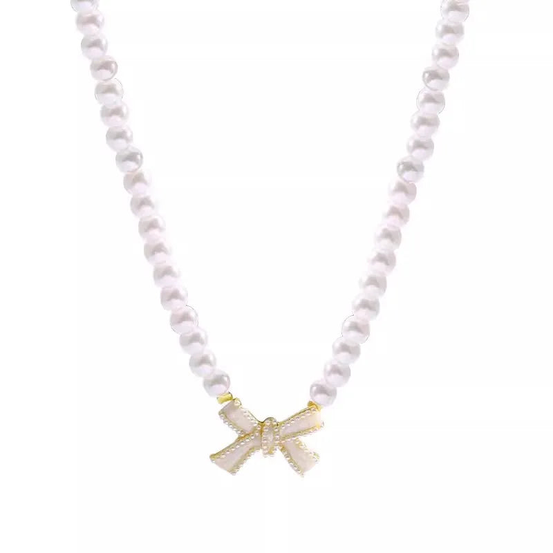 Pearl Bow Pendant Choker Necklace