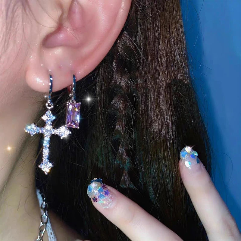 Zircon Crystal Cross Drop Earrings