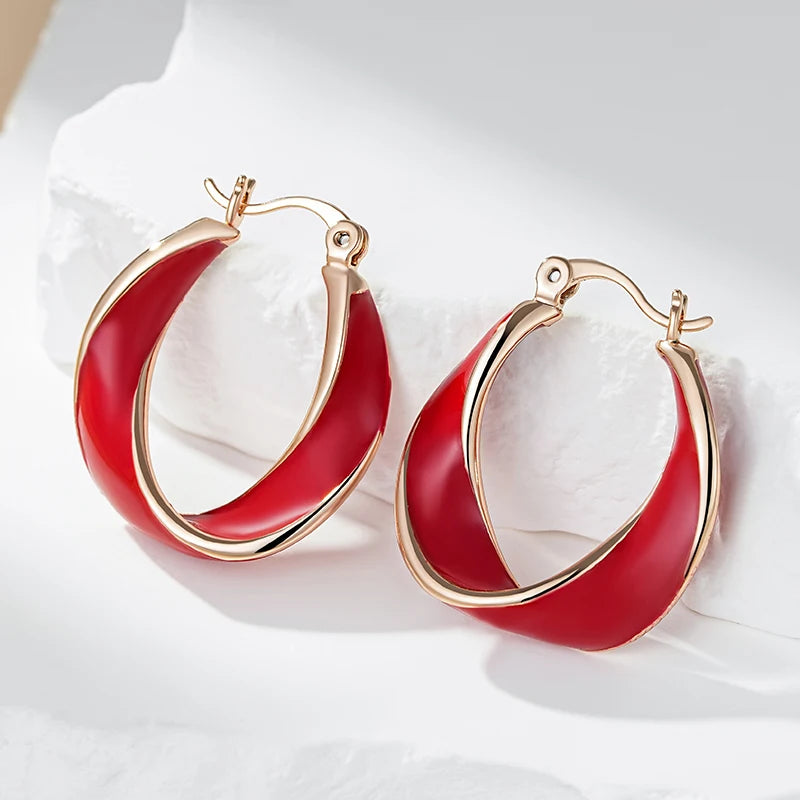 Elegant Red Enamel 585 Rose Gold Drop Earrings