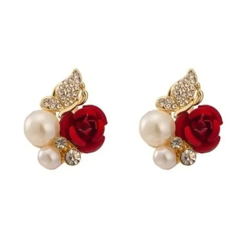 Red Rose Butterfly Pearl Earrings