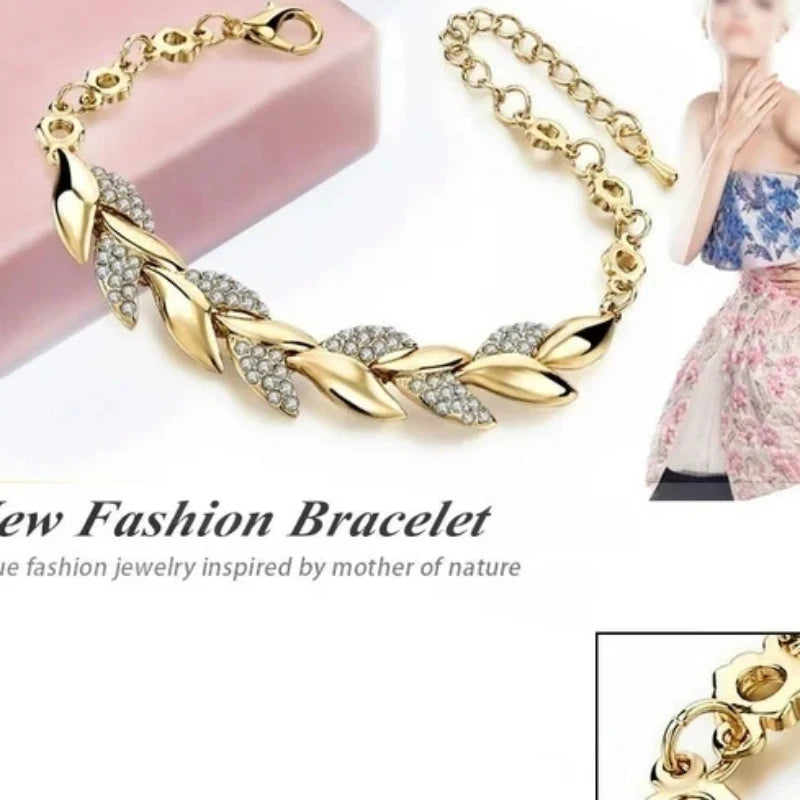 Inlaid Crystal Golden Leaf Bracelet