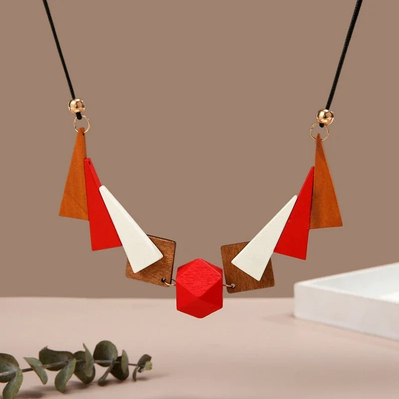 Handmade Wooden Geometric Bib Necklace