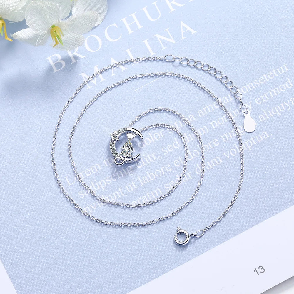 925 Silver Cat Moon Zircon Necklace