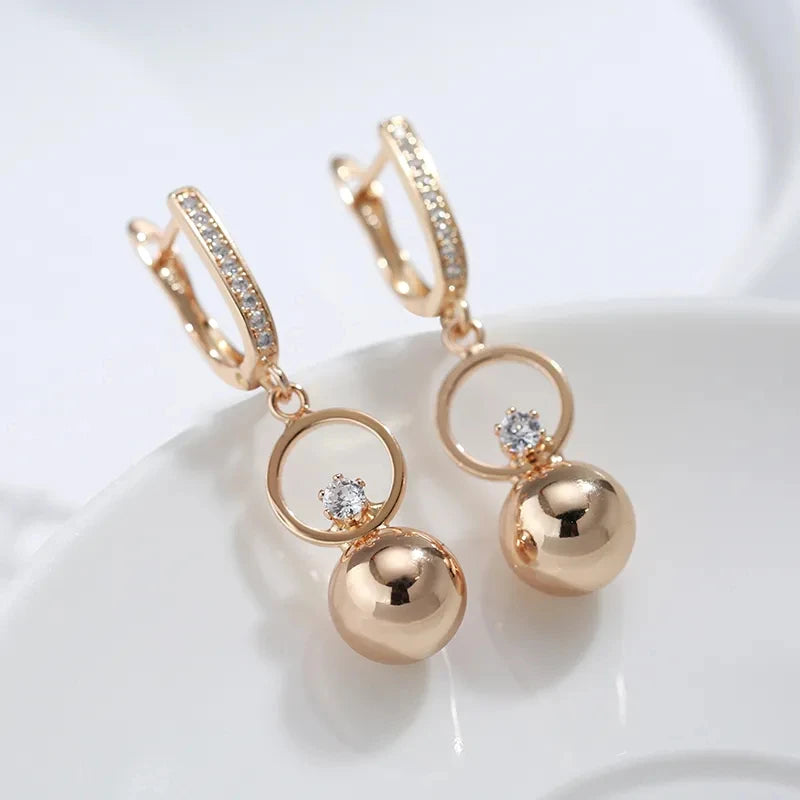 Metal Ball Long 585 Rose Gold Drop Earrings