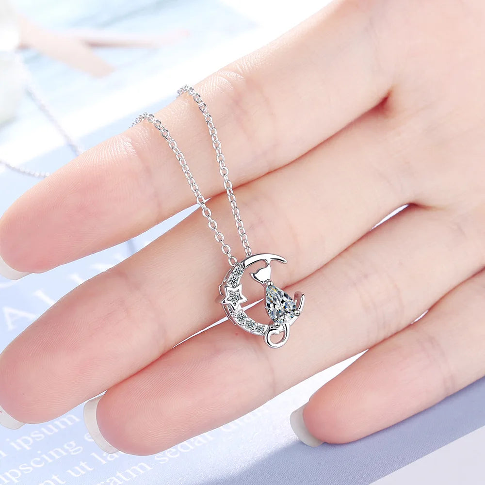 925 Silver Cat Moon Zircon Necklace