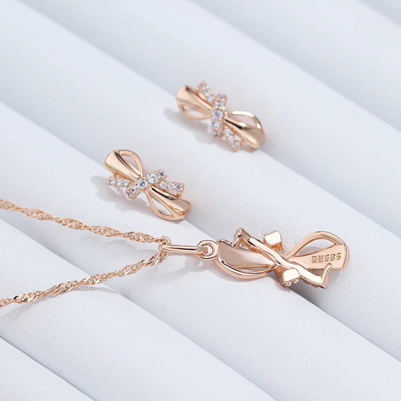 Cute Bowknot 585 Rose Gold Zircon Earrings