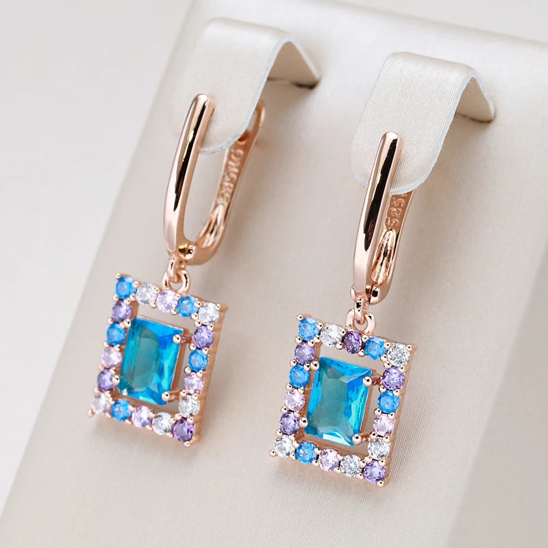 Square Blue Zircon 585 Rose Gold Earrings