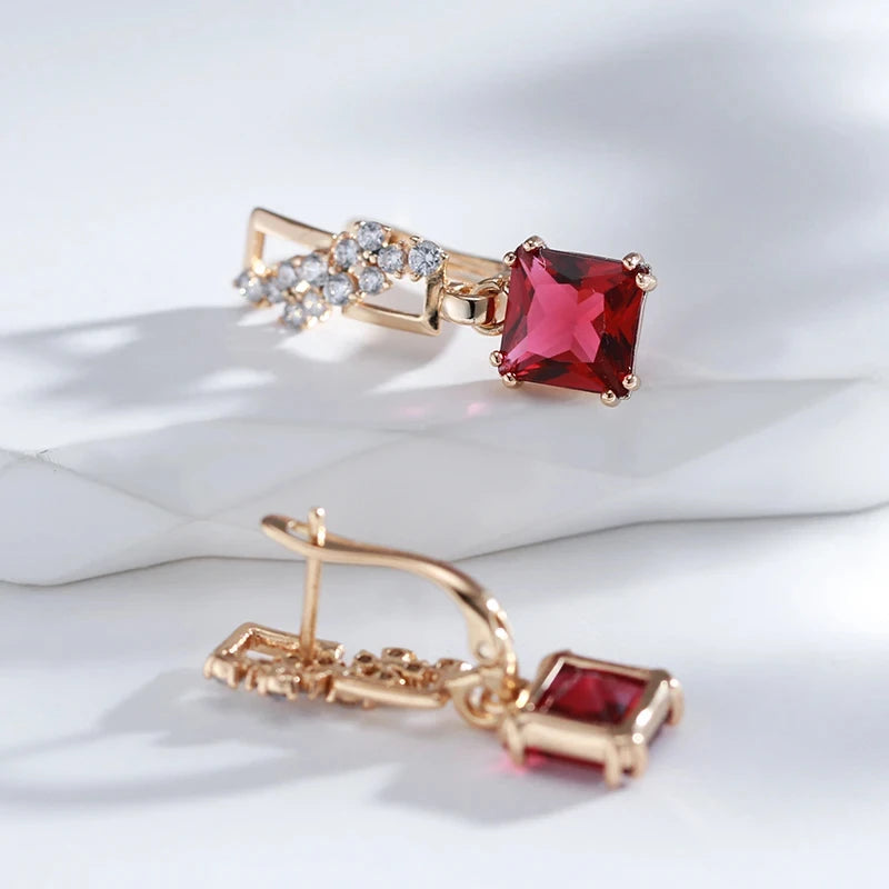 Square Red Zircon 585 Rose Gold Dangle Earrings