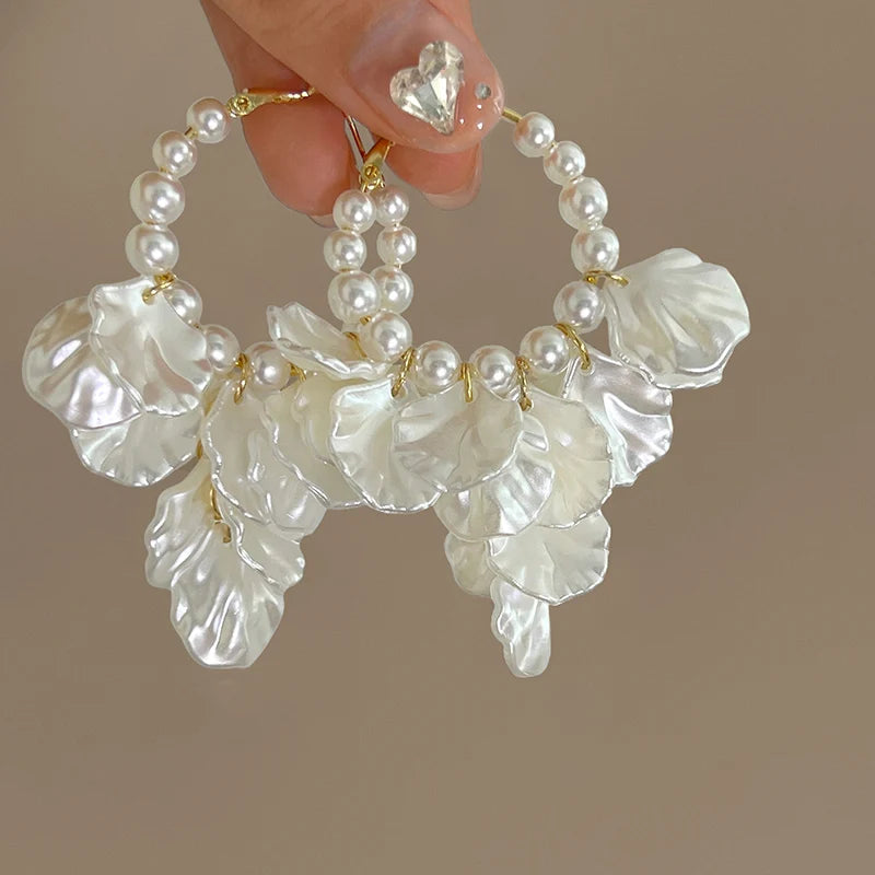 White Flower Pearl Hoop Earrings