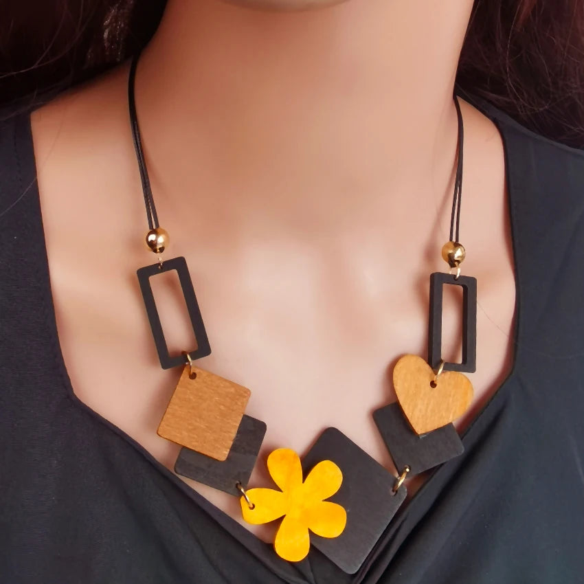 Wooden Bib Necklace with Heart Pendant