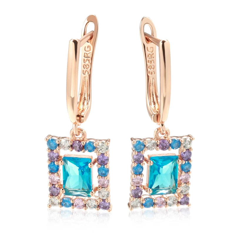 Square Blue Zircon 585 Rose Gold Earrings