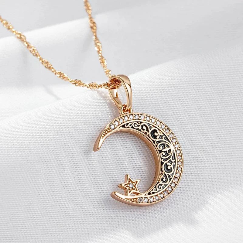 Black Enamel Moon Star 585 Rose Gold Necklace