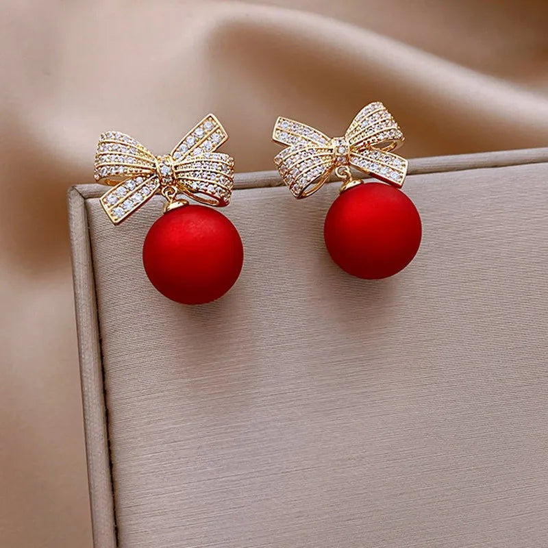 Zircon Bowknot Pearl Pendant Earrings