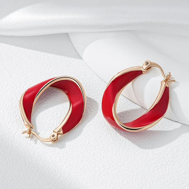 Elegant Red Enamel 585 Rose Gold Drop Earrings