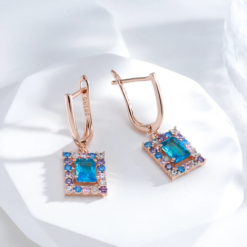 Square Blue Zircon 585 Rose Gold Earrings