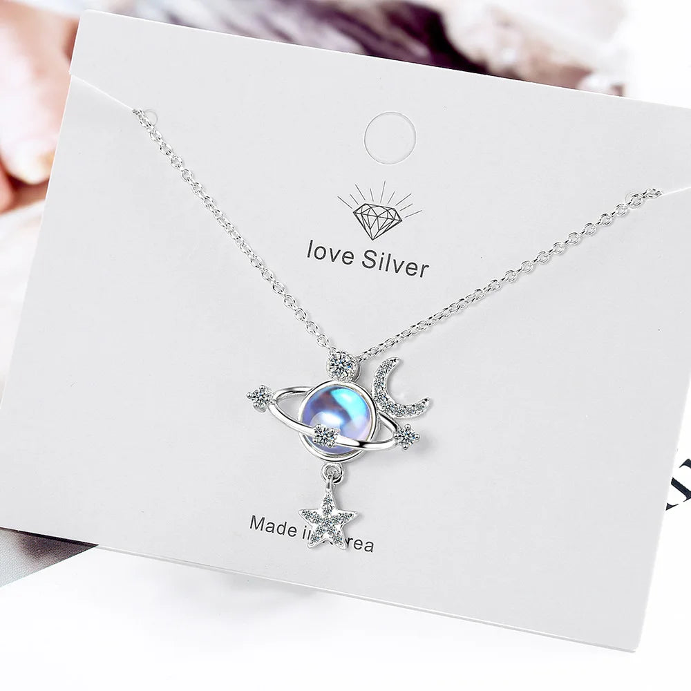 925 Silver Star Moon Crystal Necklace