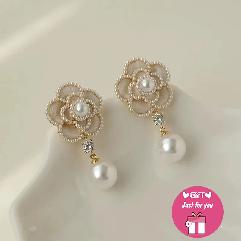 Camellia Pearl Pendant Wedding Earrings