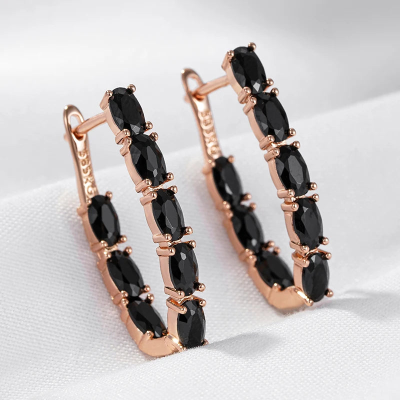 Black Stone Long 585 Rose Gold Drop Earrings