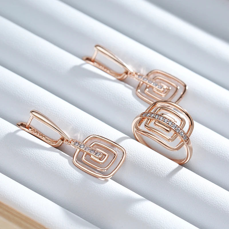 Hollow Square White Zircon 585 Rose Gold Earrings