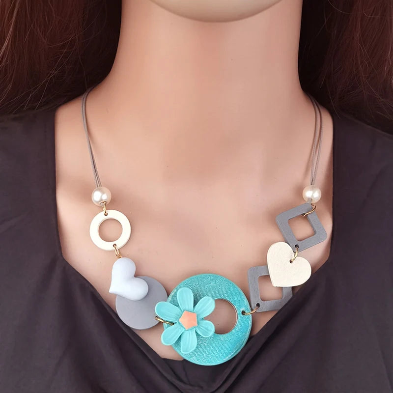 Handmade Flower Wooden Bib Necklace